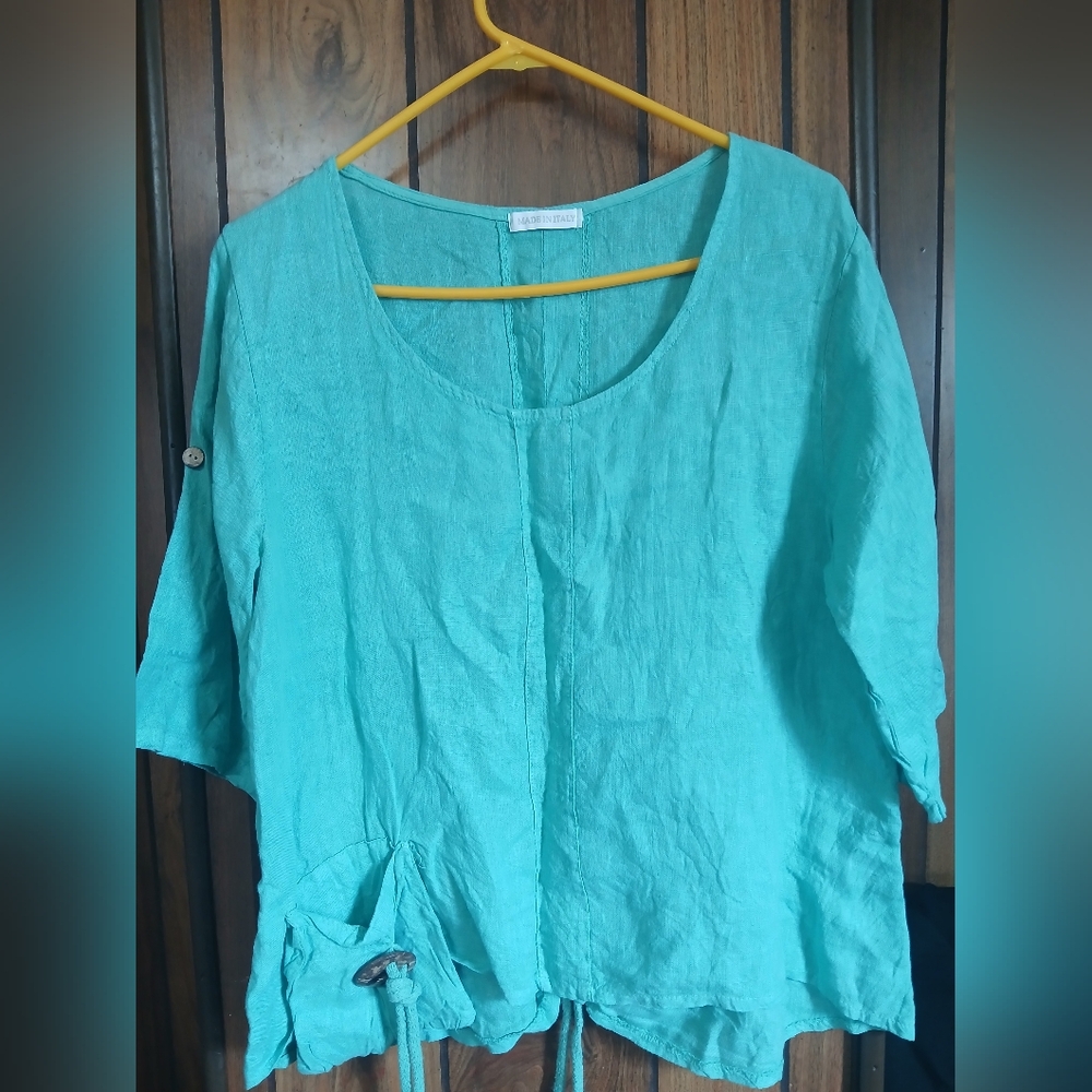 Amorosa 100% Linen Top Made In Italy Women's Teal Top